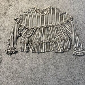 Pilcro Black and Cream Striped Ruffle Blouse Size Large